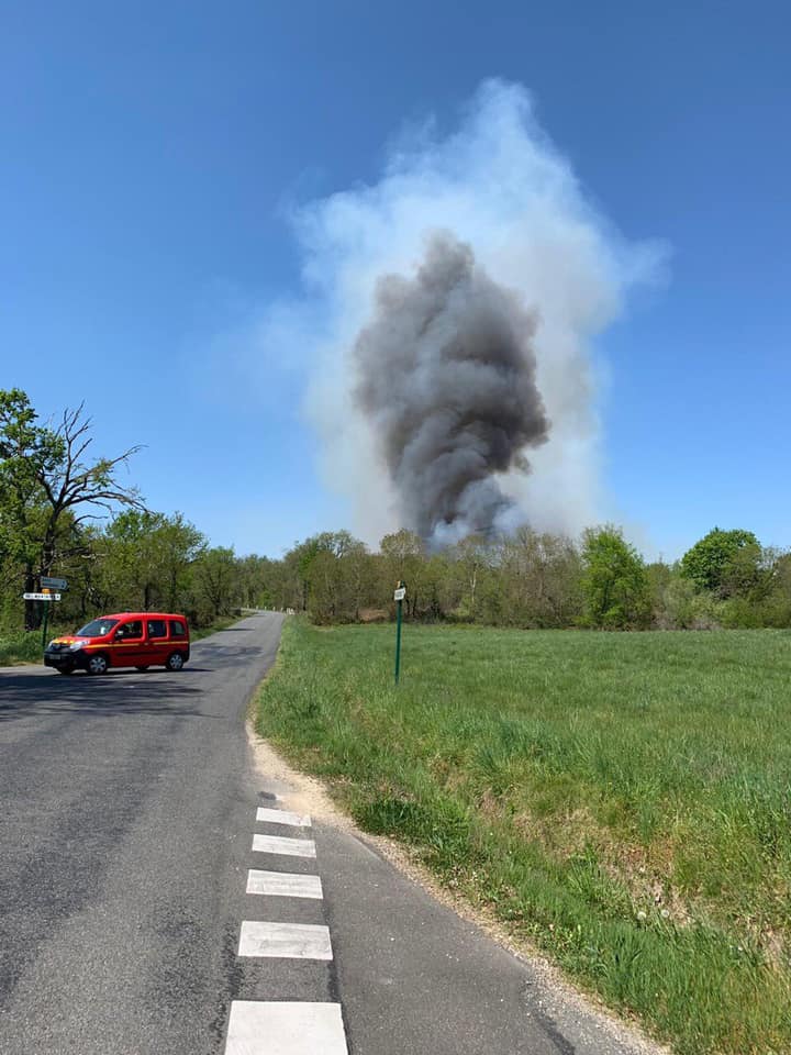 Panache de fumée issu d'un feu de forêt à Bors avec un véhicule des pompiers sur la route